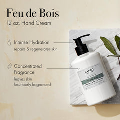 Closeup of Feu de Bois hand cream texture showing creamy consistency for daily use.