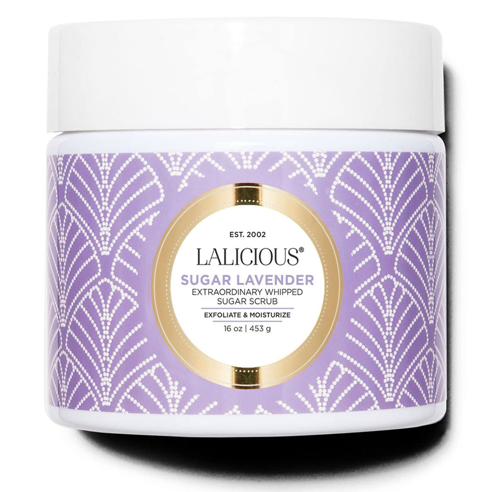 LaLicious gommage sucre lavande dans un bocal, peau douce et lumineuse.