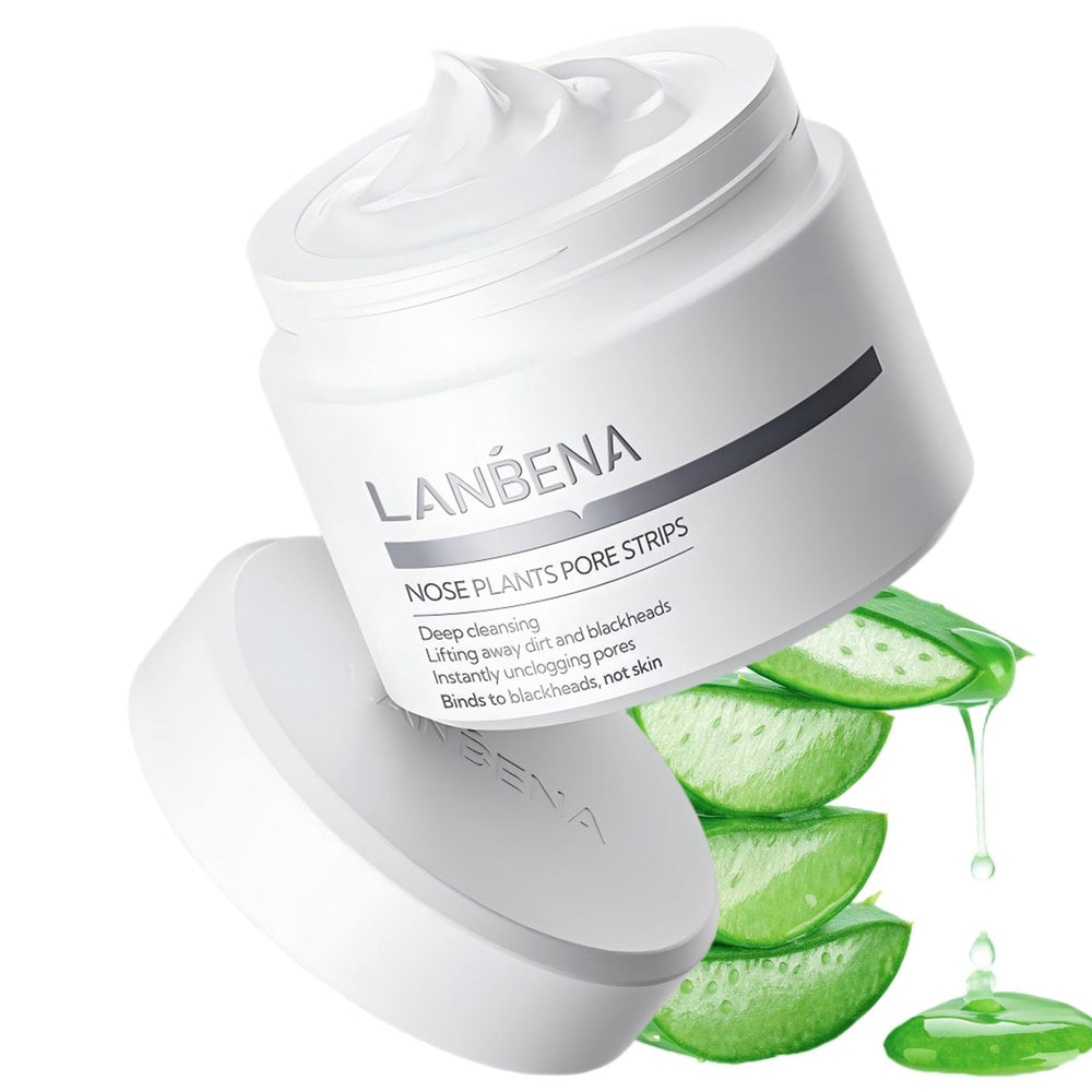 LANBENA blackhead mask with nose strips applied to the nose for clearer pores.