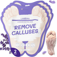 LANBENA Lavender Foot Peel Mask packaging with two pairs for easy at-home spa treatment.