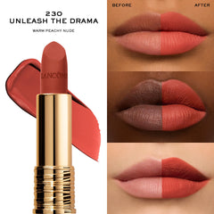 Lancôme Absolu Rouge Drama Matte velvet finish on lips with lasting impact.