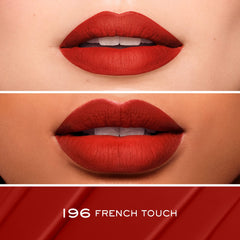 Lancôme L'Absolu Rouge Drama Ink swatch on arm shows rich pigment.