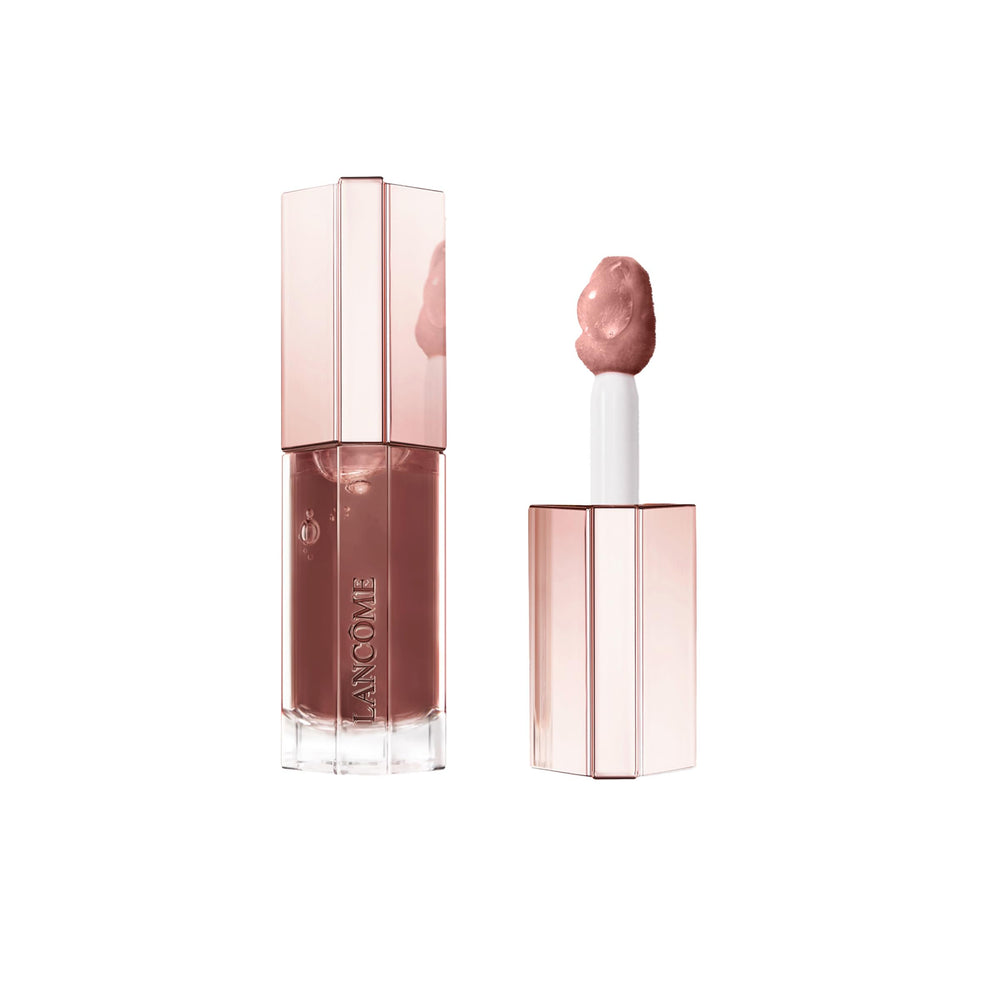Lancôme Lip Idôle JuicyTreat bottle pouring, highlighting oil-in-gloss texture and hydration.