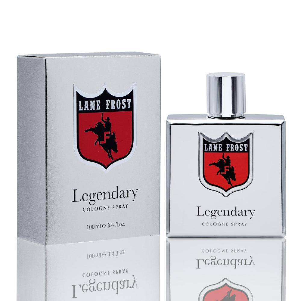 Lane Frost Legendary Chrome bottle front view for a bold, woodsy daily scent.