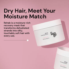 Whipped creamy texture shown while applying Rehab Hydrating Masque to damp hair for manageability.