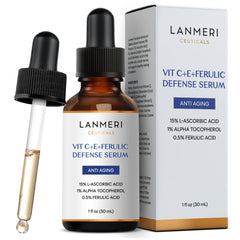 Lanmeri Ceuticals vitamin C serum bottle showing brightening potential with 15% actives