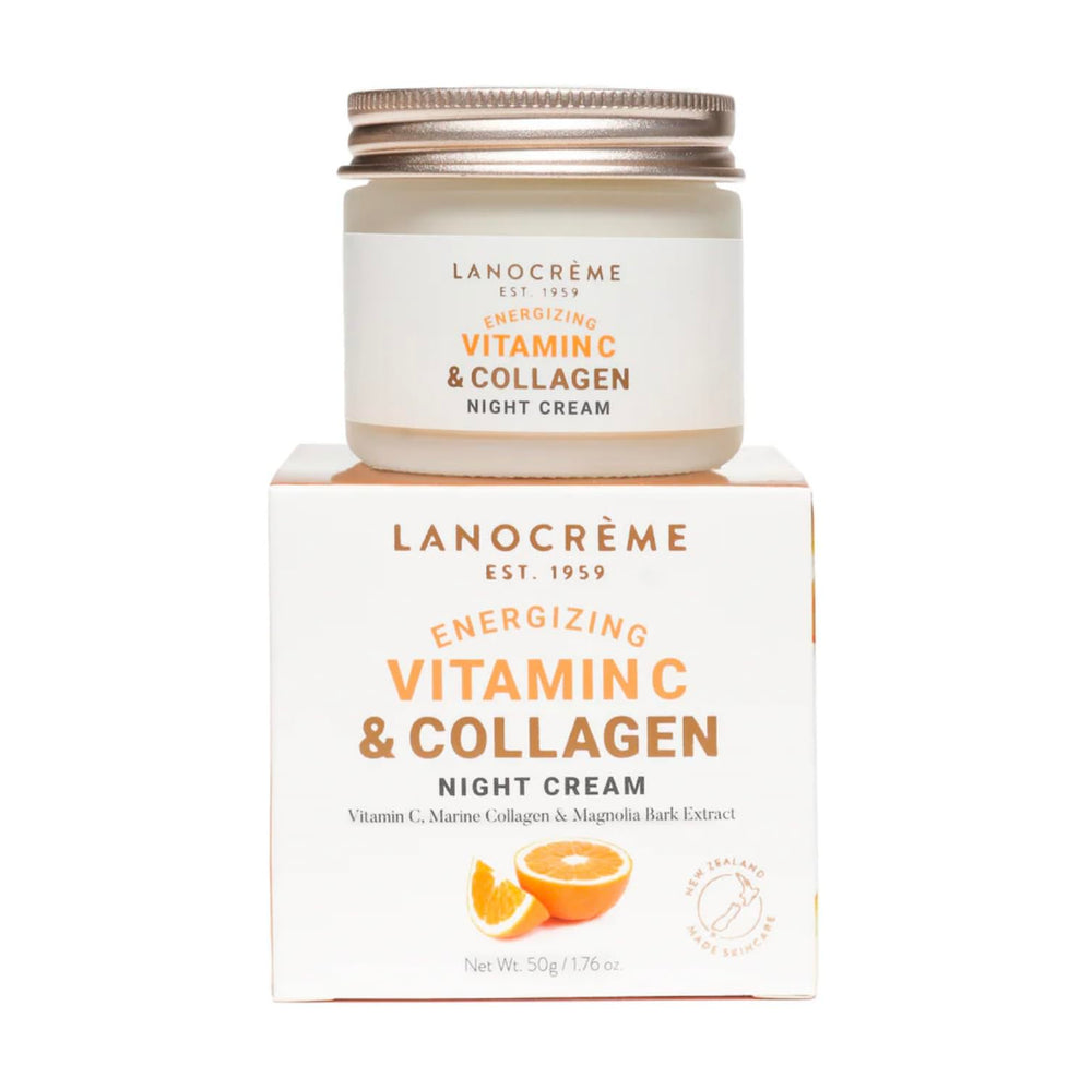 Lanocreme Energizing Night Cream bottle shows a radiant, hydrated look after sleep, highlighting product focus.