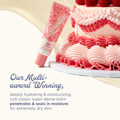 Closeup of Lanolips 101 Raspberry Shortcake on lips for a soft finish.