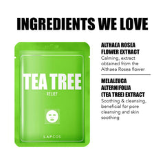 Lapcos Tea Tree Sheet Mask packaging highlighting Korean beauty quality.