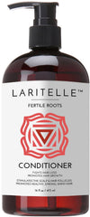 Laritelle anti-thinning conditioner bottle on bathroom shelf promotes healthier hair growth.