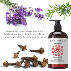 Laritelle Fertile Roots shampoo pour demonstrates easy application and thorough rinse.