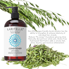 Laritelle Organic Conditioner applied to hair for smooth, hydrated strands.