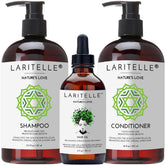 Laritelle Organic Hair Growth Set shampoo bottle on bathroom counter for clean, refreshed hair