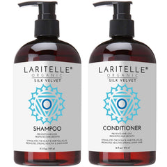 Laritelle Silk Velvet Shampoo bottle with organic oils promoting scalp nourishment and hair strength.