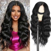 Lasescuch long black wig front view with natural hairline and part for realistic styling.