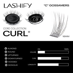 Lashify Curl 16mm Gossamer natural-look lashes create a subtle enhancement.