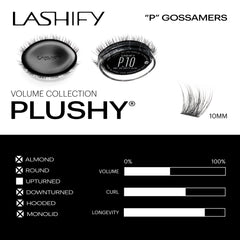 Lashify Plushy 10mm Gossamer lashes flat spinebase — enhanced longevity and shape.