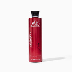 Lasio Keratin One Day Treatment bottle showing instant frizz control for humid days.