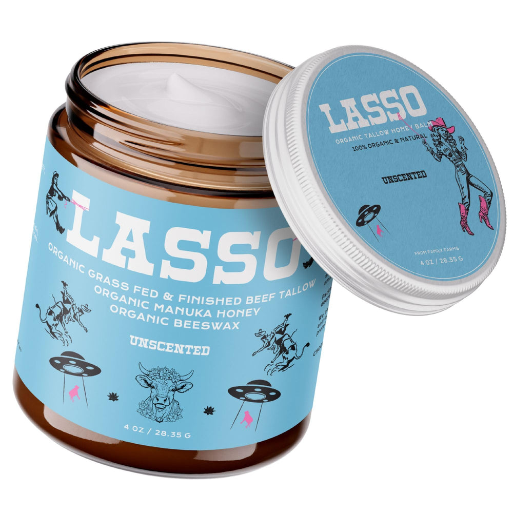 LASSO Tallow face moisturizer jar provides gentle hydration for sensitive skin.
