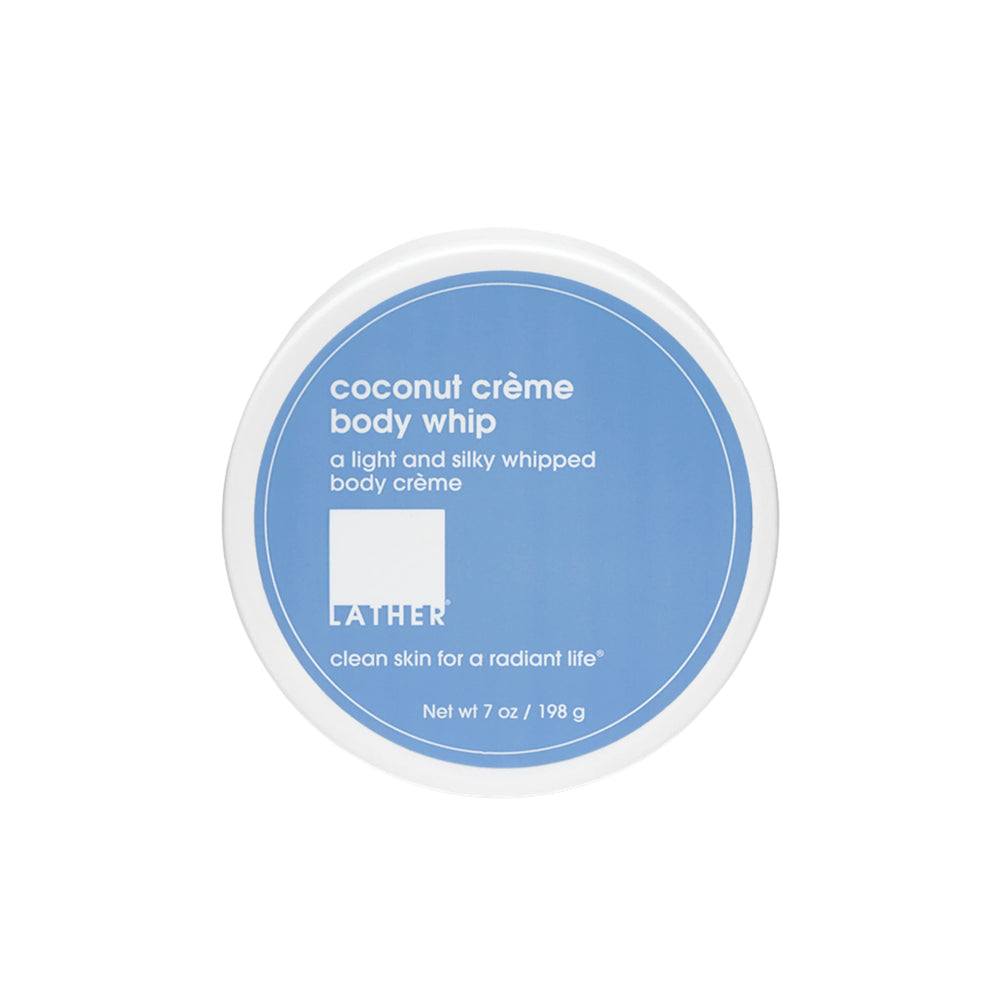 LATHER Body Whip coconut cream jar provides luxurious hydration for daily use.