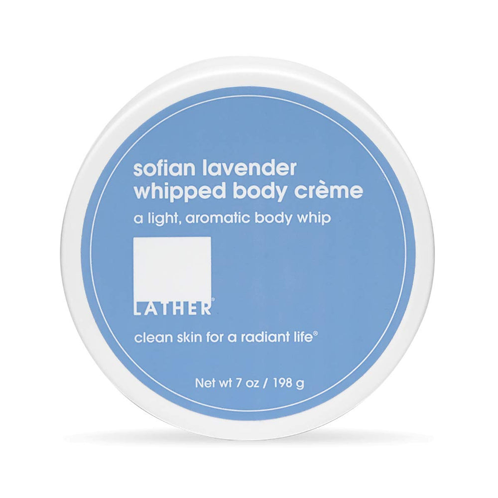 LATHER Sofian Lavender whipped body butter in a jar for hydration.
