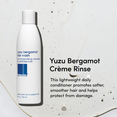 LATHER Yuzu Bergamot Crème Rinse texture appears silky for smoother detangling.
