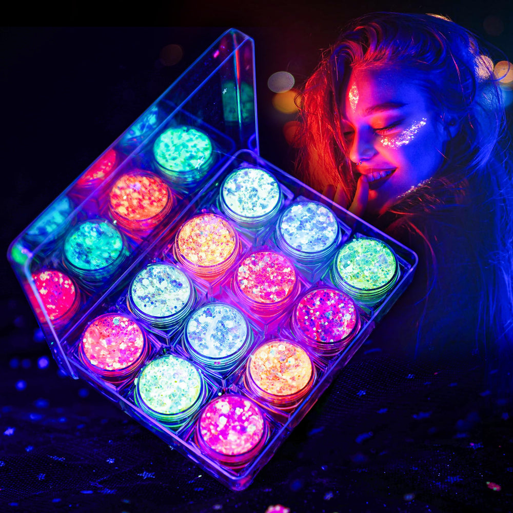 LATIBELL Glow in the Dark Glitter Gel offers 12 colors for face and body shine.