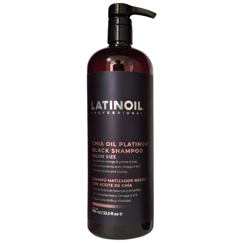 LATINOIL Platinum Black Shampoo bottle front, tone-balanced blonde shine.