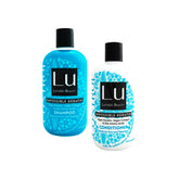 LATINUS Lu shampoo bottle demonstrates anti-frizz control for daily smoothing.
