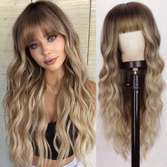 Lativ Blonde Wig front view with bangs and long wavy Ombre for everyday styling