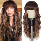 Lativ brown wig with bangs in long waves for daily style.