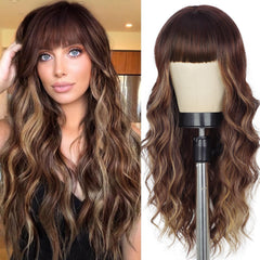 Lativ brown wig with bangs in long waves for daily style.