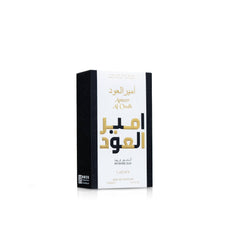 Lattafa Ameer Al Oud Intense box packaging, luxurious presentation for gifting.