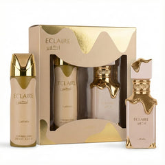 Lattafa Eclaire gift-set packaging with elegant ribbon for gifting moments.