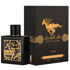 Lattafa Qaed Al Fursan bottle front view, versatile unisex fragrance with subtle longevity.