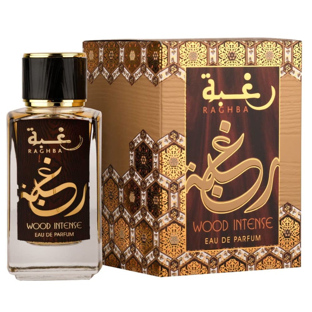 Lattafa Raghba Wood Intense bottle shows amber-woody warmth for evenings