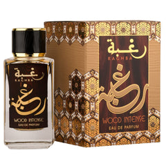 Lattafa Raghba Wood Intense bottle shows amber-woody warmth for evenings