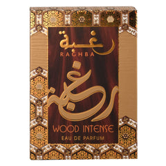 Lattafa Raghba Wood Intense packaging box showcases premium presentation