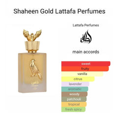 Lattafa Shaheen Gold packaging and bottle on display for daily luxury.