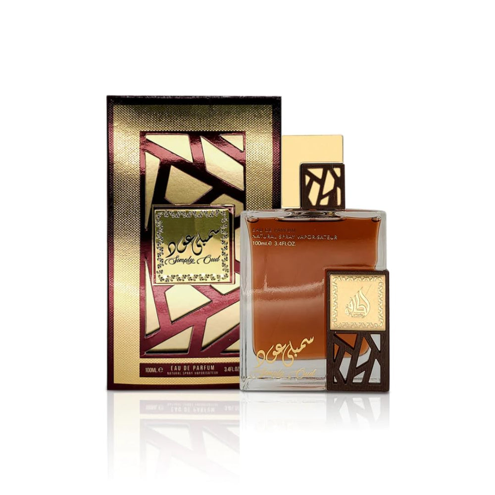 Lattafa Simply Oud bottle front view, ideal for evening wear.