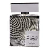 Lattafa Suqraat bottle top view, showcases masculine design for daily wear.
