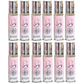 Lattafa Yara roll-on bottle close-up, alcohol-free formula for long-lasting scent.