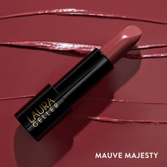Laura Geller New York Modern Classic Lipstick Mauve Majesty packaging shot suggests premium, portable beauty.