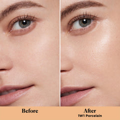 Laura Mercier Tinted Moisturizer Light Revealer porcelain shade swatch shows sheer buildable coverage.