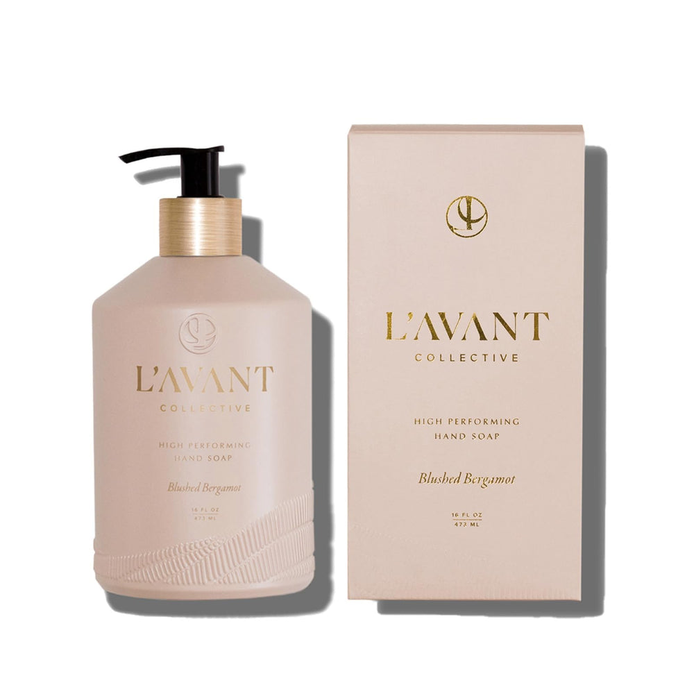 L'AVANT Collective Blushed Bergamot bottle on vanity for daily pampering and a fresh citrus aroma.