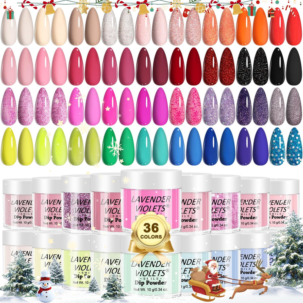 Lavender Violets 36-color dip powder jars for vibrant at-home manicures with long-lasting finish.