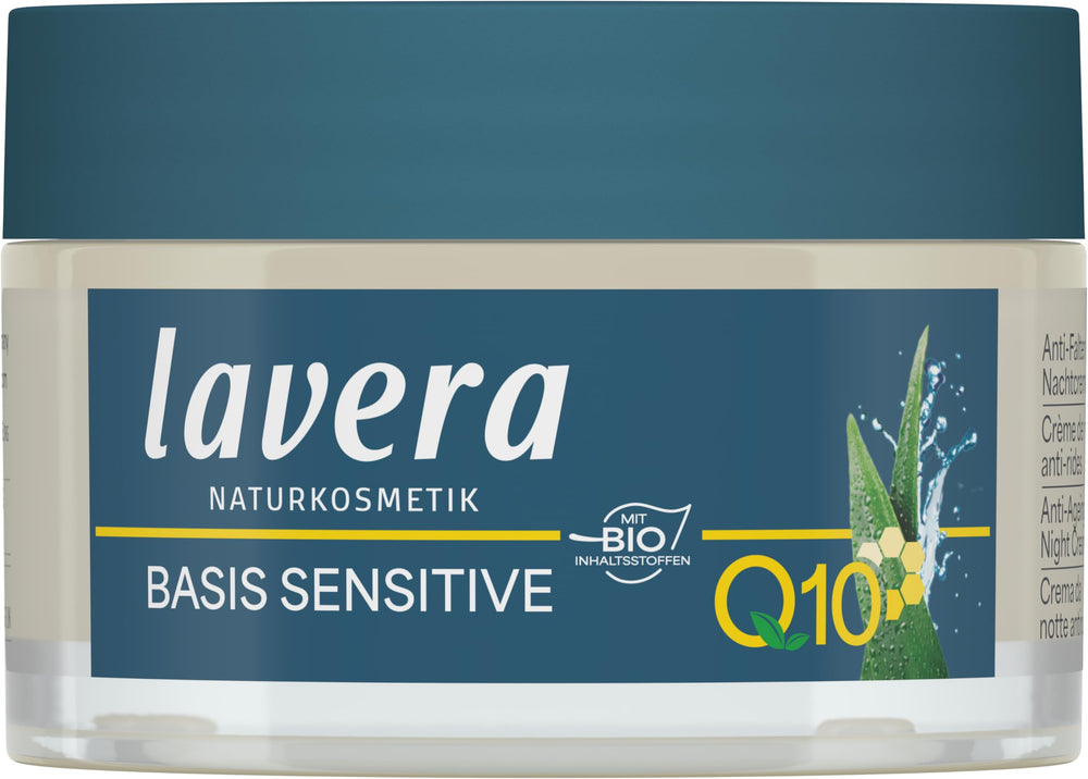 Lavera anti-aging night cream jar with coenzyme Q10 and botanicals for overnight nourishment.