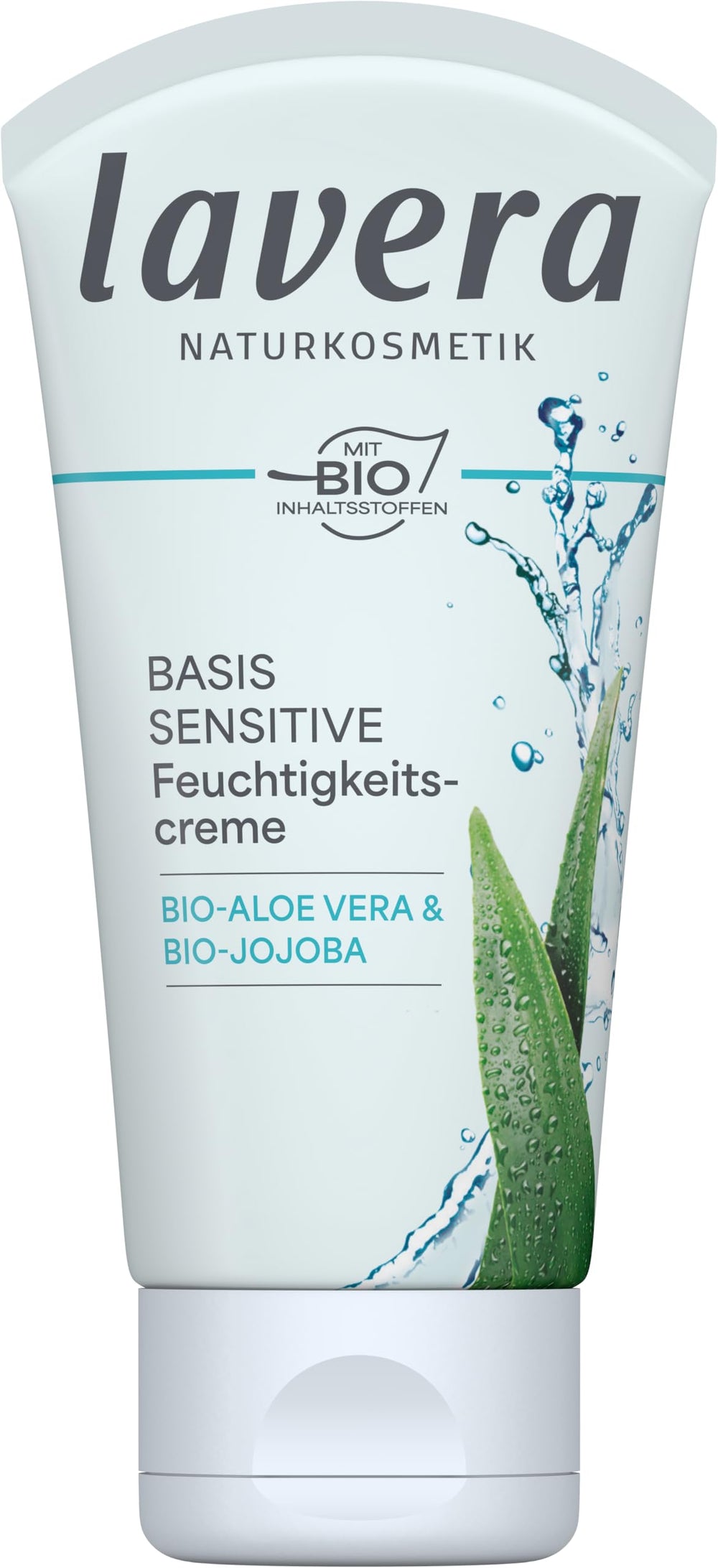 Lavera Basis Sensitive Cream bottle close-up for daily hydration