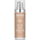 Lavera Hyaluron Liquid Foundation Cool Honey 04 bottle close-up with silky texture for radiant skin