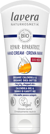 Lavera Repair Hand Cream packaging highlights vegan, certified organic formula.